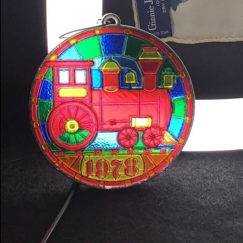 Vintage 1978 3 inch round stained glass like Train ornament